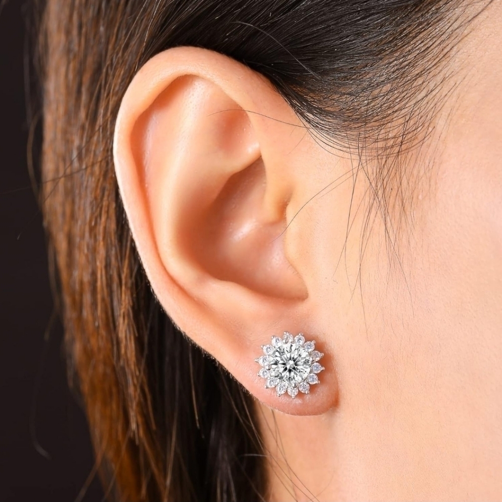 18K White Gold Womens 8CT Flower Cluster Stud Earrings Moissanite S925 Silver